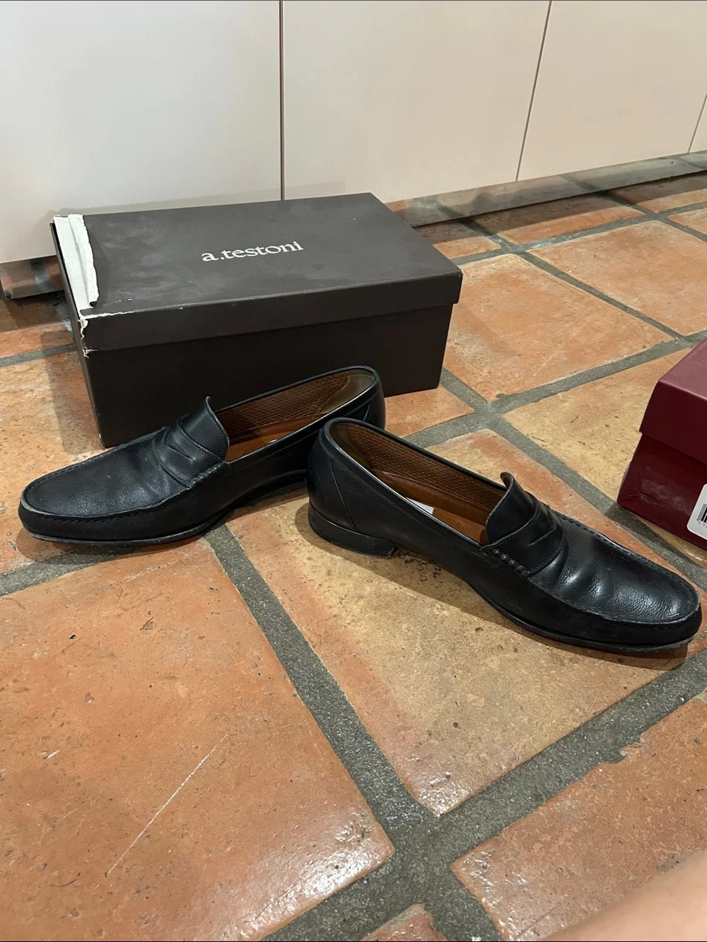 a. testoni Men's Black Leather Penny Loafers